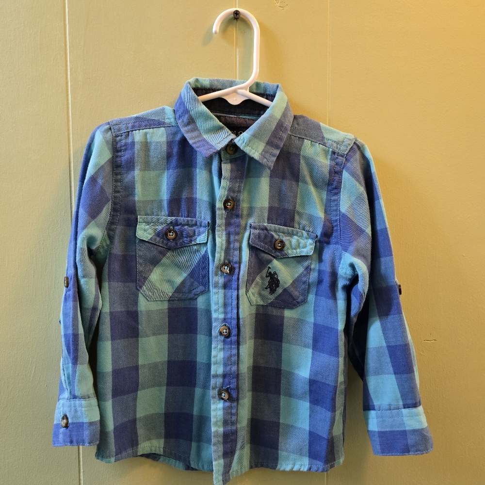 I12 U.S. POLO ASSN Boy's Kids Toddler Button Shirt Size 4T Blue Plaid Pattern